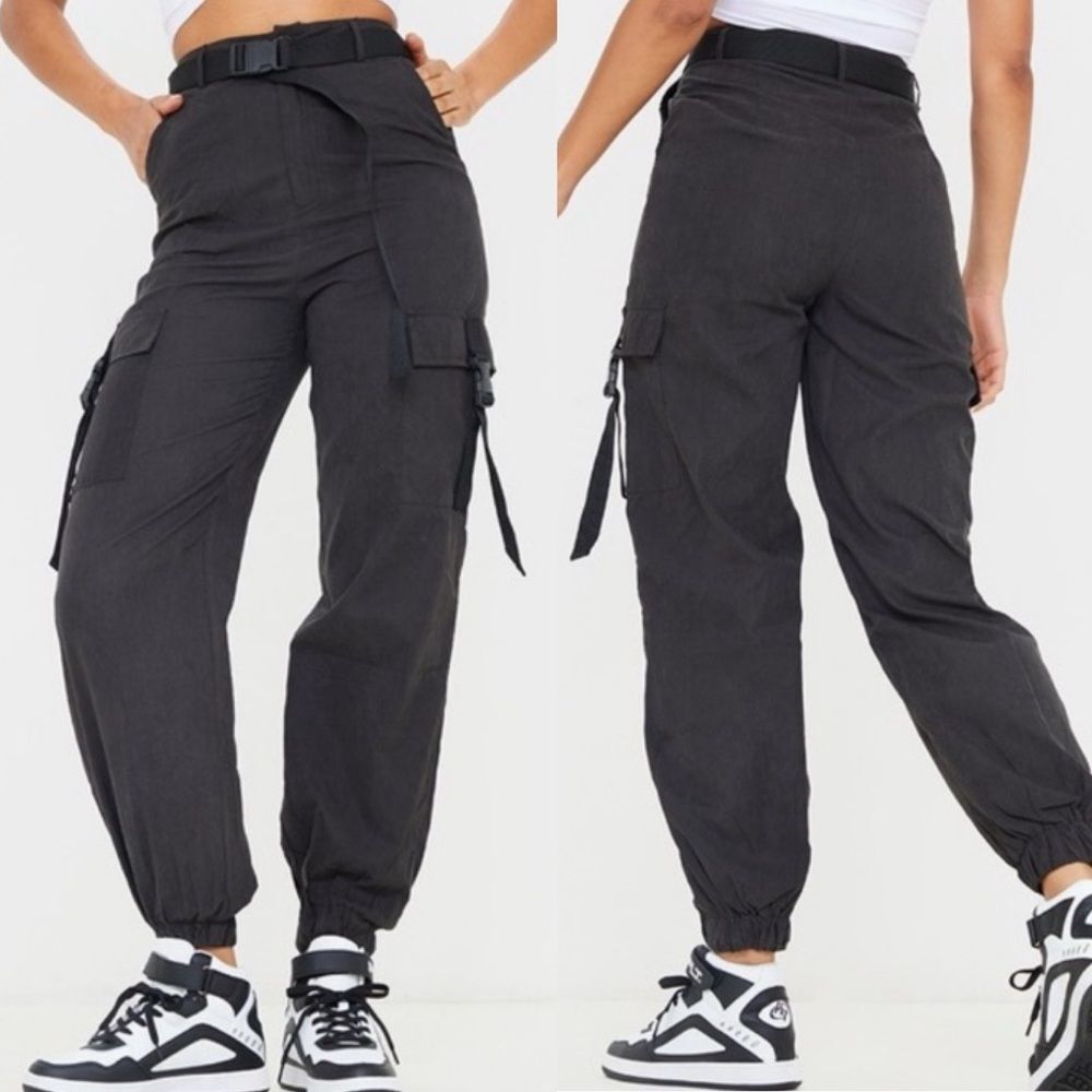 PrettyLittleThing Buckle Cargo Pants Womens 6 NWT Black Streetwear Y2K Utility